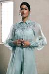Dheeru Taneja_Blue Organza, Crepe Crop Top V-neck Jacket Collar And Pant Set _Online_at_Aza_Fashions