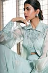 Buy_Dheeru Taneja_Blue Organza, Crepe Crop Top V-neck Jacket Collar And Pant Set _Online_at_Aza_Fashions