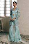Buy_Dheeru Taneja_Blue Organza, Crepe Crop Top Round Jacket V-neck Embroidered And Sharara Set _at_Aza_Fashions