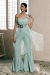 Buy_Dheeru Taneja_Blue Crepe Embroidery Crop Top Round Cape One And Sharara Set  _at_Aza_Fashions