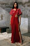 Buy_Dheeru Taneja_Red Satin, Self Georgette V Neck Pre-draped Saree With Blouse _at_Aza_Fashions