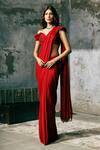 Dheeru Taneja_Red Net, Self Georgette One Shoulder Pre-draped Saree With Embroidered Blouse _Online_at_Aza_Fashions