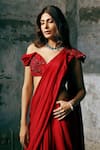 Buy_Dheeru Taneja_Red Net, Self Georgette One Shoulder Pre-draped Saree With Embroidered Blouse _Online_at_Aza_Fashions