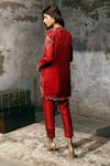 Shop_Dheeru Taneja_Red Organza, Chanderi Kurta Round Jacket V-neck Embroidered And Pant Set _at_Aza_Fashions
