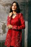 Buy_Dheeru Taneja_Red Organza, Chanderi Kurta Round Jacket V-neck Embroidered And Pant Set _Online_at_Aza_Fashions