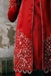 Dheeru Taneja_Red Organza, Chanderi Kurta Round Jacket V-neck Embroidered And Pant Set _at_Aza_Fashions