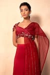 Buy_Dheeru Taneja_Red Satin Embroidery V Neck Draped Blouse And Pant Set  _at_Aza_Fashions