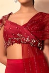 Dheeru Taneja_Red Satin Embroidery V Neck Draped Blouse And Pant Set  _Online_at_Aza_Fashions