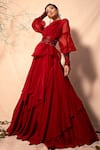 Dheeru Taneja_Red Crepe Embroidery Lapel Collar Organza Jacket And Ruffle Lehenga Set _Online_at_Aza_Fashions