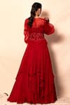 Shop_Dheeru Taneja_Red Crepe Embroidery Lapel Collar Organza Jacket And Ruffle Lehenga Set _at_Aza_Fashions