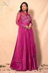 Buy_Dheeru Taneja_Pink Organza, Satin V Neck Embroidered Anarkali With Dupatta _at_Aza_Fashions