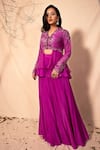 Dheeru Taneja_Purple Organza, Crepe, Taffeta Silk V Embroidered Peplum Kurta And Sharara Set _Online_at_Aza_Fashions