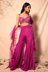 Buy_Dheeru Taneja_Purple Organza, Net, Chanderi, Crepe V Neck Embroidered Sharara Set _at_Aza_Fashions