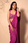 Dheeru Taneja_Purple Chanderi, Self Georgette V Neck Pre-draped Saree With Embroidered Blouse _Online_at_Aza_Fashions