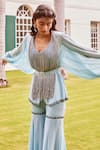 Label Sanya Gulati_Blue Georgette Embroidery V Neck Peplum Kurta And Sharara Set _Online_at_Aza_Fashions