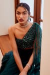 Buy_Label Sanya Gulati_Green Embroidery One Shoulder Draped Blouse And Lehenga Set_Online_at_Aza_Fashions