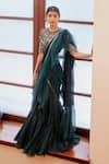 Buy_Label Sanya Gulati_Green Georgette Embroidery Round Pre-draped Ruffle Saree With Blouse _at_Aza_Fashions