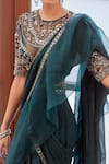 Buy_Label Sanya Gulati_Green Georgette Embroidery Round Pre-draped Ruffle Saree With Blouse _Online_at_Aza_Fashions