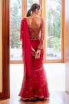 Label Sanya Gulati_Pink Georgette Embroidery Sweetheart Neck Pre-draped Saree With Blouse_Online_at_Aza_Fashions