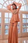 Label Sanya Gulati Peach Round Embroidered Top And Sharara Set Online at Aza Fashions Label Sanya Gulati_Peach Round Embroidered Top And Sharara Set _Online_at_Aza_Fashions