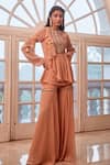 Buy Label Sanya Gulati Peach Round Embroidered Top And Sharara Set at Aza Fashions Buy_Label Sanya Gulati_Peach Round Embroidered Top And Sharara Set _at_Aza_Fashions