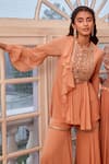 Shop Label Sanya Gulati Peach Round Embroidered Top And Sharara Set Online at Aza Fashions Shop_Label Sanya Gulati_Peach Round Embroidered Top And Sharara Set _Online_at_Aza_Fashions
