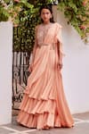 Buy_Label Sanya Gulati_Peach Embroidery Round Pre-draped Ruffle Saree With Blouse _at_Aza_Fashions