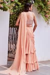 Shop_Label Sanya Gulati_Peach Embroidery Round Pre-draped Ruffle Saree With Blouse _at_Aza_Fashions