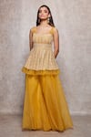 Buy_Ajiesh Oberoi_Yellow Embroidered Peplum Kurta And Sharara Set_at_Aza_Fashions