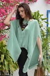 Buy_Tasuvure_Green Pleated Polyester Embroidery Boat Asymmetric Cape _at_Aza_Fashions