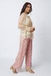 Romaa_Beige Crepe Embroidery Shirt Round Inner V-neck Sheer And Pant Set  _Online_at_Aza_Fashions