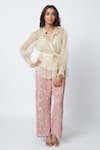 Buy_Romaa_Beige Crepe Embroidery Shirt Round Inner V-neck Sheer And Pant Set  _Online_at_Aza_Fashions