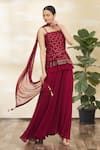 Buy_Khwaab by Sanjana Lakhani_Maroon Chinnon Embroidery Square Neck Peplum Tunic Set _Online_at_Aza_Fashions