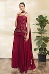 Buy_Khwaab by Sanjana Lakhani_Maroon Chinnon Embroidery Square Neck Peplum Tunic Set _at_Aza_Fashions