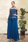 Buy_Khwaab by Sanjana Lakhani_Blue Chinnon Embroidery Square Neck Royal Peplum Tunic Set _at_Aza_Fashions