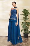 Buy_Khwaab by Sanjana Lakhani_Blue Chinnon Embroidery Square Neck Royal Peplum Tunic Set _Online_at_Aza_Fashions