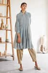 Buy_Cord_Blue 100% Cotton Embroidery Collared Neck Smocked Tunic And Pant Set _at_Aza_Fashions