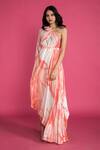 Buy_Vedika M_Peach Satin Hand Painted Draped Dress_Online_at_Aza_Fashions
