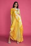 Buy_Vedika M_Yellow Satin Embroidery Round Abstract Print Draped Dress  _at_Aza_Fashions