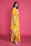 Vedika M_Yellow Satin Embroidery Round Abstract Print Draped Dress  _Online_at_Aza_Fashions