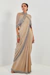 Buy Rishi And Soujit Beige Organza, Crepe, Lycra Blouse Sweetheart Cape Pre-draped Saree And Set at Aza Fashions Buy_Rishi And Soujit_Beige Organza, Crepe, Lycra Blouse Sweetheart Cape Pre-draped Saree And Set _at_Aza_Fashions