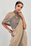 Rishi And Soujit Beige Organza, Crepe, Lycra Blouse Sweetheart Cape Pre-draped Saree And Set at Aza Fashions Rishi And Soujit_Beige Organza, Crepe, Lycra Blouse Sweetheart Cape Pre-draped Saree And Set _at_Aza_Fashions