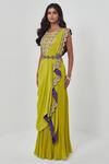 Buy_Rishi and Soujit_Yellow Crepe Embroidery Round Pre-draped Saree With Blouse  _at_Aza_Fashions