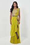 Rishi and Soujit_Yellow Crepe Embroidery Round Pre-draped Saree With Blouse  _Online_at_Aza_Fashions