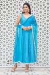 Buy_Maison Shefali_Blue Cotton Dupatta Kota Doria Embroidery V Neck Leheriya Anarkali With _at_Aza_Fashions