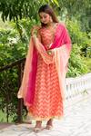 Maison Shefali_Peach Cotton Dupatta Kota Doria Embroidery V Neck Leheriya Anarkali With _Online_at_Aza_Fashions