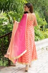 Shop_Maison Shefali_Peach Cotton Dupatta Kota Doria Embroidery V Neck Leheriya Anarkali With _at_Aza_Fashions