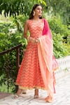 Buy_Maison Shefali_Peach Cotton Dupatta Kota Doria Embroidery V Neck Leheriya Anarkali With _at_Aza_Fashions