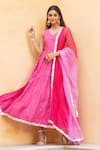Buy_Maison Shefali_Pink Cotton Dupatta Kota Doria V Neck Leheriya Anarkali With _at_Aza_Fashions