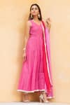 Maison Shefali_Pink Cotton Dupatta Kota Doria V Neck Leheriya Anarkali With _Online_at_Aza_Fashions